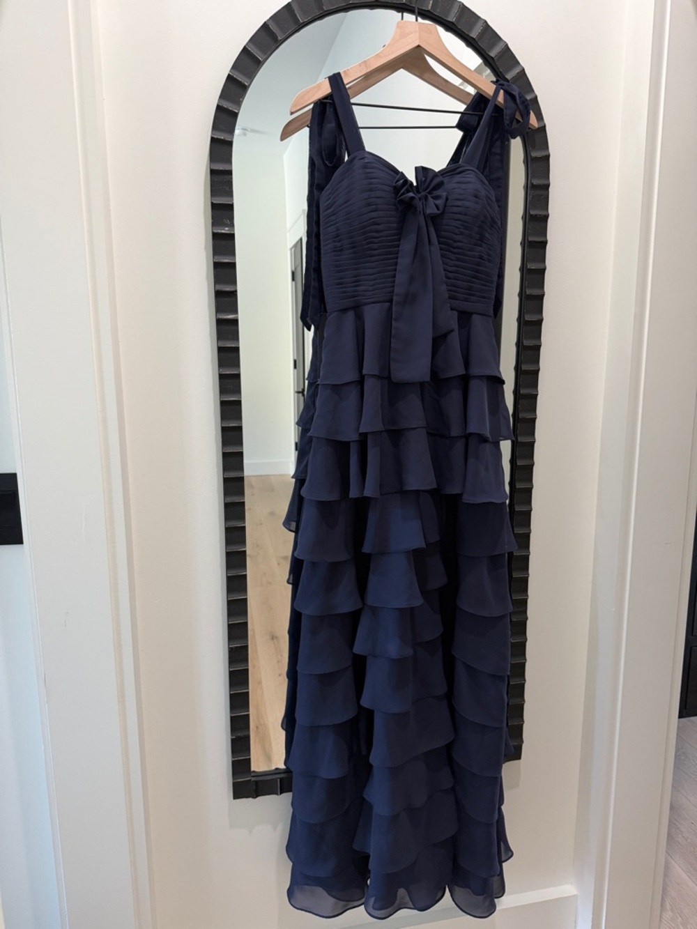 Navy Ruffle Tiered Maxi Dress with Bow Detail